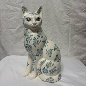 Rare Vintage Norleans porcelain cat figurine with blue and yellow floral design